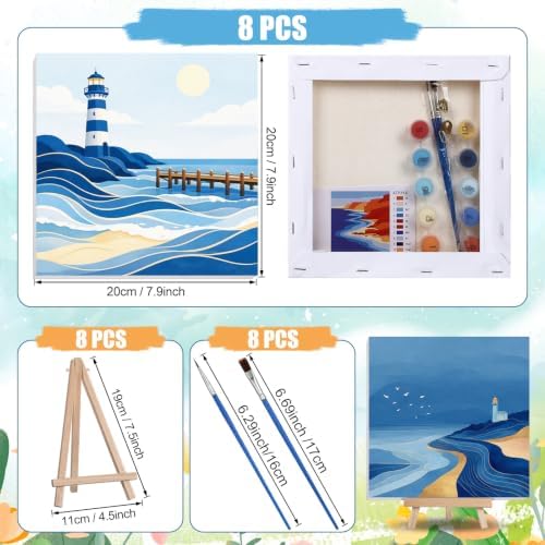 Nezyo 8 Sets 8 x 8 Inch Paint by Numbers Kit for Adult Beginners with Wooden Easels Acrylic Paint by Number Landscape Paintings Kits for DIY Party Home Decor Gift(Blue Ocean)