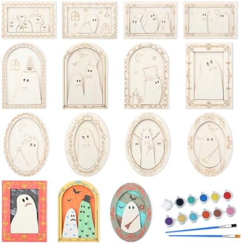 Simgoing 12 Set Adult Halloween Craft, Wood Ghost DIY Frame, Funny Style