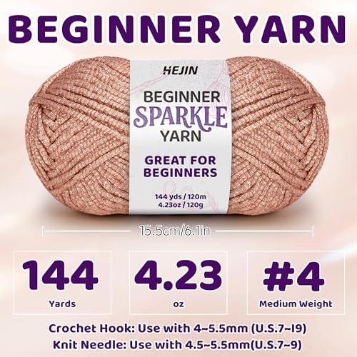 HEJIN 120g Rose Gold Sparkle Yarn for Crocheting and Knitting | 120m(144yds) for Beginners with Easy-to-See Stitches; Worsted-Weight Medium #4; Yarn for Beginners Crochet Kit Making