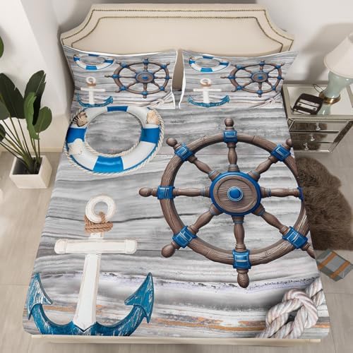 Manfei Nautical Style Sheet Set Anchor Rudder Rope Bedding Set Retro Wood Grain Print Bed Sheets Teens Room Decor Gray Blue (Twin Flat & Fitted Sheet with 1 Pillow Case)