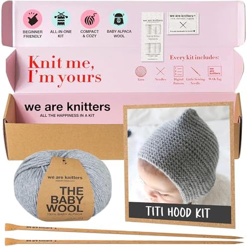 We Are Knitters Titi Hood Kit | Beginner Knitting Gift Kit | Soft Baby Alpaca Flat Knit Bonnet | Cozy Handmade Winter Baby Hood Warm Cozy Gift Set DIY
