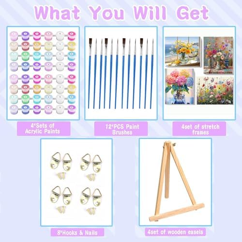 VIGEGU 4 Pack Paint by Numbers Kit for Adults with Frame