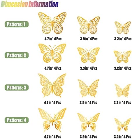 SAOROPEB 3D Butterfly Wall Decor 48 Pcs Gold Butterfly Birthday Decorations | 4 Styles 3 Sizes, for Butterfly Birthday Decorations Butterfly Party Decorations Cake Decorations, Removable Stickers