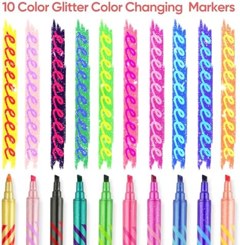 JoyCat 10-Pack Glitter Color Changing Markers for Kids, Dual Tip Magic Pens