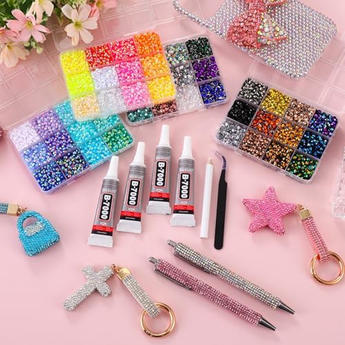 19200Pcs in 48 Colors Rhinestones for Bedazzling and Diamond Art, 4mm Flatback Gems with 3×10ml B7000 Jewelry Glue Tweezers, Perfect for Nail Art, Crafting, Clothing, Fabric Decor