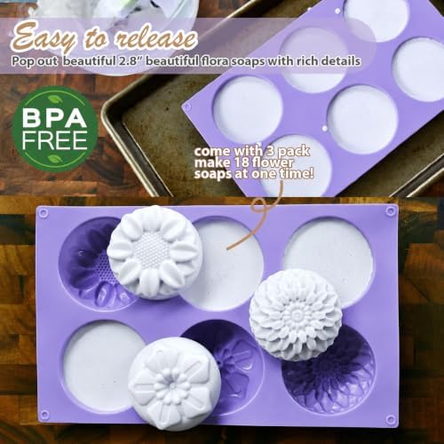 Soap Molds Silicone Flower Shapes 3-Pack, Chocolate Ice Cube Cake Candy Gelatina Rose Molds Bath Bomb Different Floral Molds, Homemade DIY Non-Stick Craft Food Grade Molds BPA Free Tray Molds