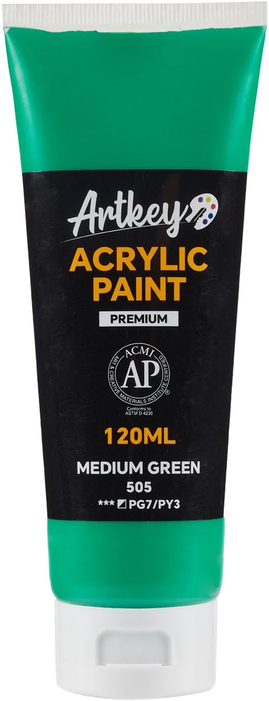 Artkey Acrylic Paint - Medium Green (120 ml/4.06 oz) Tubes, Rich & Vibrant Pigments, Professional Artists Acrylic Paints - Art Supplies for Canvas Wood Rock Clay Fabric Ceramics Art Crafts Painting