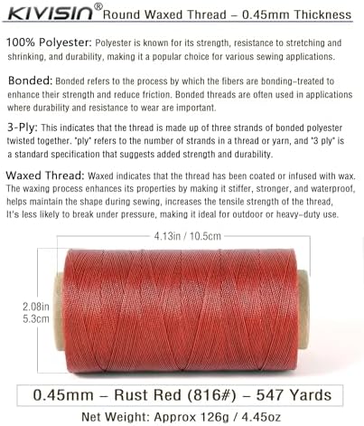 Thin Wax Polyester Thread, 0.45mm, 547 Yards, 3 Ply Round Waxed Cord Strings for Sewing, Beading, Binding, Micro Braiding, Fine Leather Craft and Micro Macrame Jewelry - Rust Red