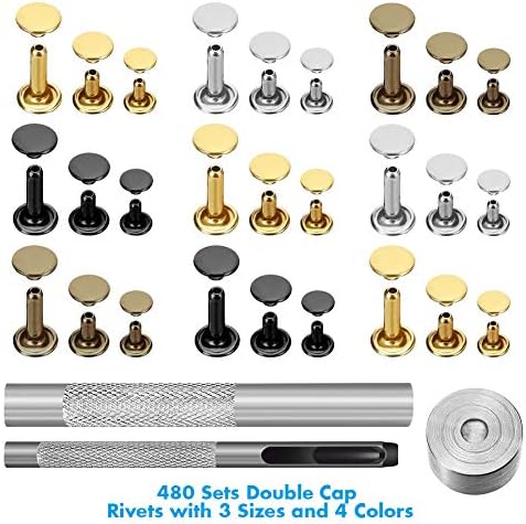 Paxcoo 480 Sets 3 Sizes Leather Rivets Double Cap Rivet Tubular Metal Studs with 3 Pieces Setting Tool Kit for Leather Craft Repairs Decoration, 4 Colors