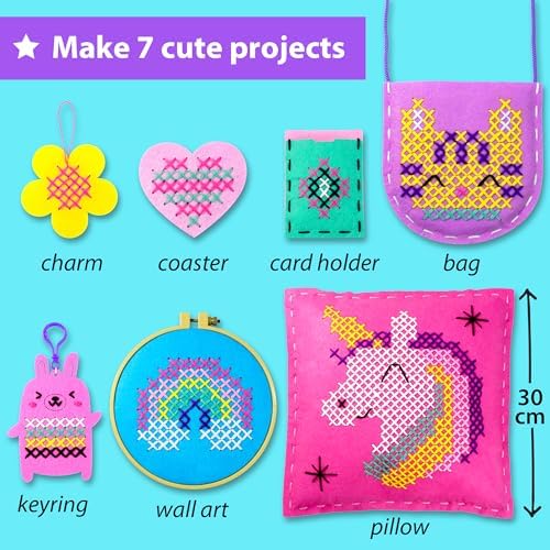KRAFUN Cross Stitch Kit for Kids Age 5+ | 7 Beginner Projects