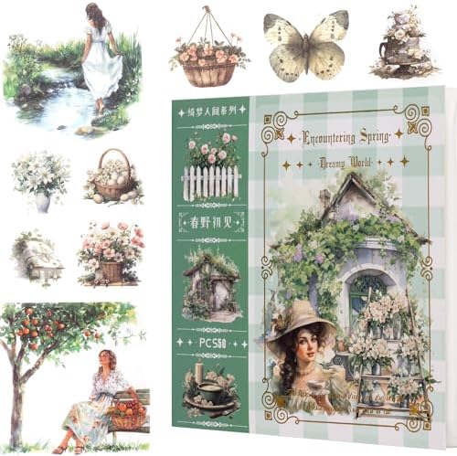 YagCu Garden Journal Stickers, 50 Sheets Washi Junk Journaling Sticker Book, Scrapbook Supplies, Watercolor Scrapbooking for Adults, Green Decorative Ephemera Arts Craft