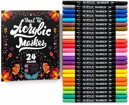 24 Colors Acrylic Paint Markers, Dual Tip Paint Markers with Fine & Brush Tip, Acrylic Paint Pens for Fabric, Rock Painting, Wood, Canvas, Adults Coloring Books, Ceramic, Glass, DIY Crafts