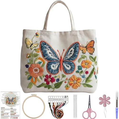ARTopet Embroidery Tote Bag Kit for Beginners Butterfly Canvas Cross Stitch Handbag with Hoops Needles Threads Reusable Grocery Bag for Women-Butterfly01