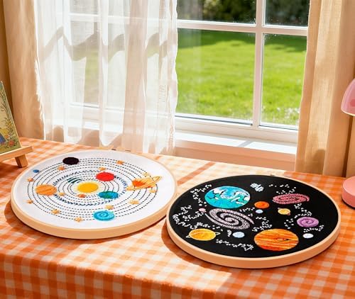 Armindou Embroidery Kit for Adults Beginners, Hand Embroidery Starter Kit with Solar System Patterns, Counted Stamped Cross Stitch Needlepoint Kit for Beginner Adult, 2 Set Embroidery Supplies/Hoop