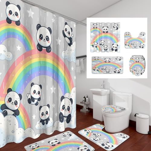 Funny Kawaii Baby Animal Panda Shower Curtain Sets 4 Piece,Watercolor Colorful Rainbow Clouds Bathroom Decor Sets with Rugs,Cartoon Panda Bears Waterproof Toilet Lid Cover Bath Mat