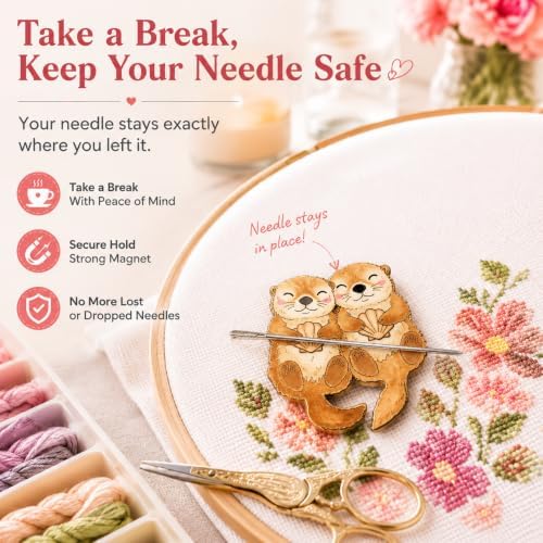 Needle Minder for Keeping Sewing & Embroidery Needles – Magnetic Needlepoint Holder, Cross Stitch Supplies – Secure & Decorative Needle Minders for Stitching & Crafting (Cute Otters)