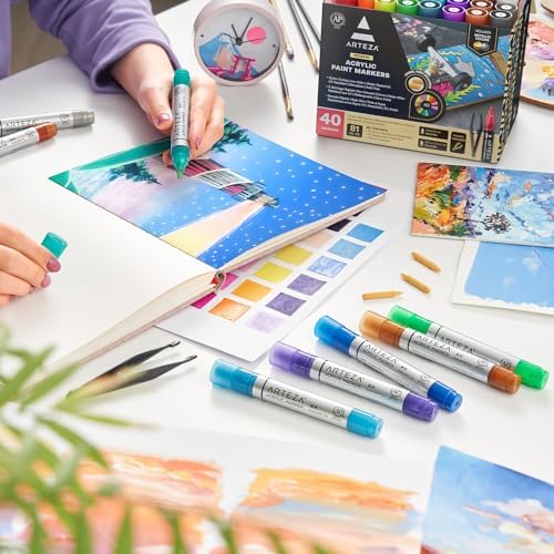 ARTEZA Acrylic Paint Markers, Set of 40 Acrylic Paint Pens in Assorted Colors, Art Markers for Glass, Pottery, Ceramic, Plastic, Rocks, and Canvas