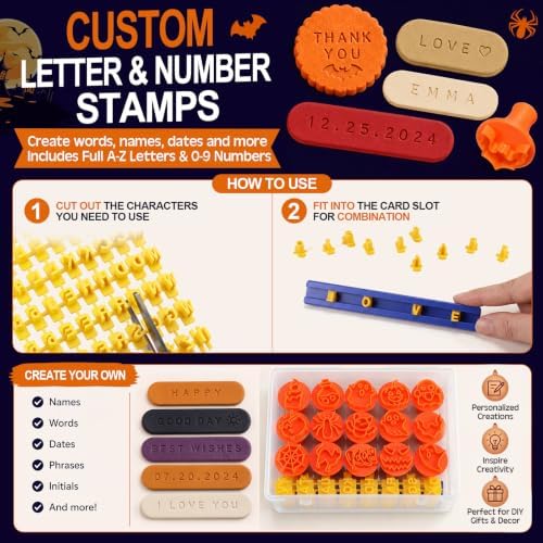 30 Pcs Halloween Pattern Clay Modeling Stamp Set with 72-Character Letter Stamps and Storage Box, Halloween Pattern Stamps for Polymer/Ceramic Clay, Pottery Craft, Cookie and Jewelry Making