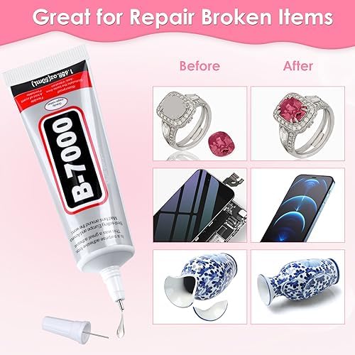 Jollidecor B-7000 Clear Fabric Glue, 2 PCS 50ML Rhinestone Jewelry Glue Super Strong Adhesive for All Purpose DIY Art Crafts Stone Beads Jewelry Repair