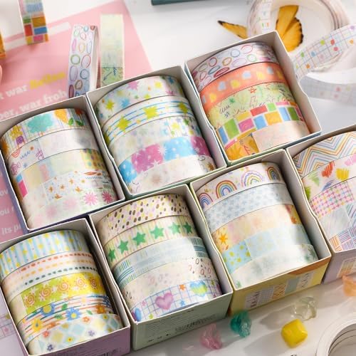 Cute Pattern Washi Tape Set 5 Rolls Glitter Cover Decorative Wide Kawaii Masking Tapes for Arts, DIY Crafts, Journals, Planners, Scrapbook, Wrapping (12 Bright Colors)