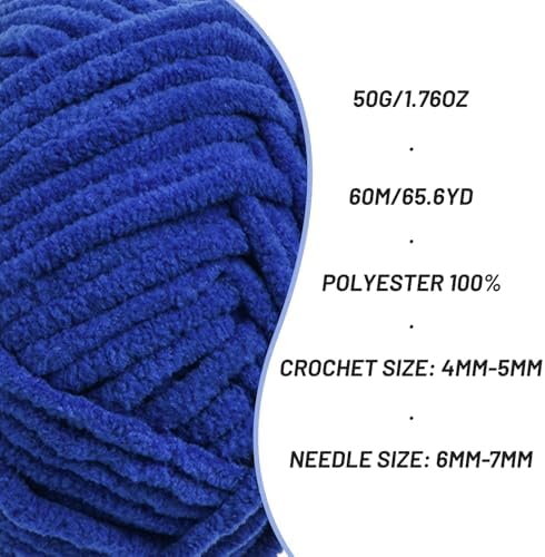 Plush Chenille Chunky Crochet Yarn - Baby Yarn for Crocheting Soft - Velvet Yarns Knitting for Blankets Crafts - Fluffy Amigurumi Yarns 50g / 65.6yd (Sapphire Blue)