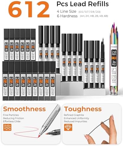 STAGEEK 45PCS Black & Silver Metal Mechanical Pencil Set in Leather Case | 8PCS Art Drafting Pencils, 0.5, 0.7, 0.9, 2.0MM Mechanical Drawing Pencils, 28 Tube (6B 4B 2B HB 2H 4H & Colors) Lead Refills