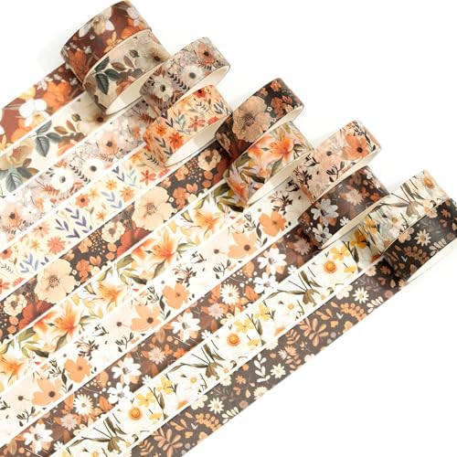 10 Rolls Blooming Flowers Washi Tape Set Floral Arts Adhesive Tapes Colorful Garden Decorative Masking Tape Sets for Craft, Kids, Scrapbook, DIY, Gift Wrapping (5-Browns)