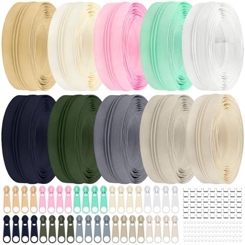 DOITEM 31 Yards 10 Pcs Sewing Zippers #3 Nylon Coil Zippers Assorted Zipper for Sewing with 40 Zipper Sliders for DIY Tailor Sewing Crafts Supplies, 10 Colors