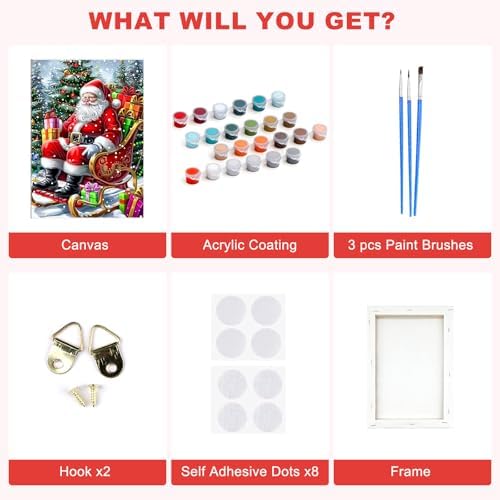 SENQAO Christmas Paint by Numbers for Adults Framed, Santa Claus Adults' Paint-by-Number Kits, Adult Paint by Number Kits on Canvas, Acrylic Number Painting for Home Decor, 8x12inch