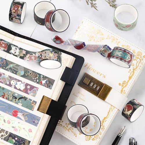 12 Rolls Vintage Gold Washi Tape Set, Gold Foil Cat Mask Pattern Decorative Tape,Japanese Arts Decorative Masking Tapes for DIY Scrapbook Design Journaling Handbook Making Card Wrap Craft Gift ﻿