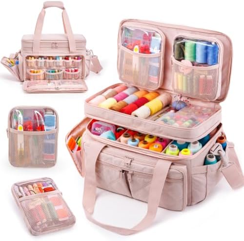 AMOIGEE Sewing Organizer Bag with 2 Clear Storage Boxes, Double Layer Sewing Storage Bag with Removable Pouches & Adjustable Dividers for Thread, Needles, Scissors, Embroidery Floss&Craft Accessories