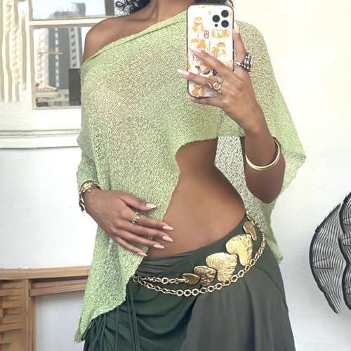 Nicoxijia Women Y2K Sheer Knit Poncho Top Lightweight Summer Beach Knit Shrug Shawl Bolero Off Shoulder Mesh Sweater Cover Up