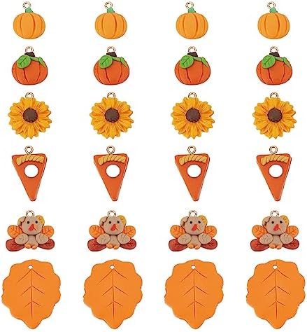 SUNNYCLUE 1 Box 24Pcs Thanksgiving Charms Leaf Charm Handmade Polymer Clay Fall Autumn Animal Turkey Pizza Pumpkin Sunflowers Flatback Pendants for Jewelry Making Findings DIY Craft Supplies