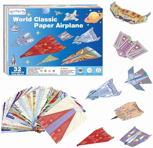 LEERYOUQU Kids Paper Airplane Kit, Creative Paper Airplane Book with 16 Classic Designs & 32 Planes Sheets, Origami Airplanes Kit for Kids Ages 8-12 +(New English Instructions)