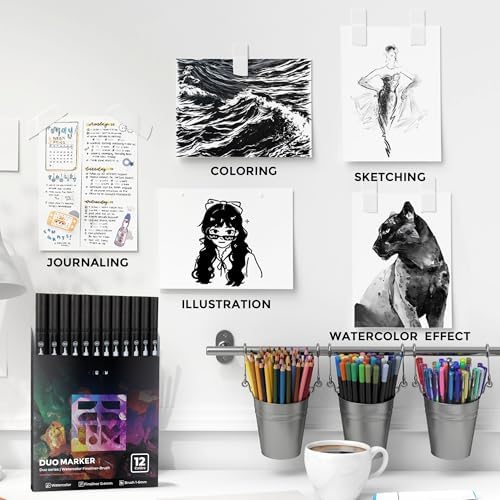 Black Duo Tip Marker Pens, 12 Fine & Brush Tip Pen For Adult Coloring Books