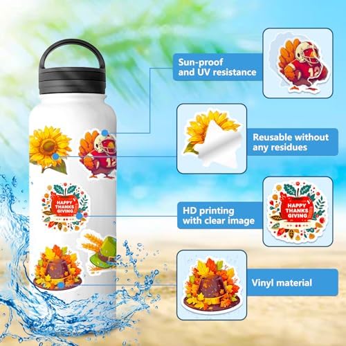 Thanksgiving Stickers Pack, 200Pcs Cute Thanksgiving Pumpkins Vinyl Waterproof Stickers for Water Bottles Envelopes Scrapbooking Crafts, Fall Sticker Gifts for Kids Adults Teens