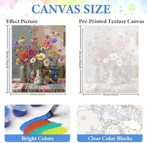 PRASIO Framed Paint by Numbers Kit for Adults Beginner, Vintage Flowers Adult Paint by Number Kits on Canvas Framed, DIY Acrylic Watercolor Oil Paint by Numbers with Frame for Home Decor 16x20 Inch