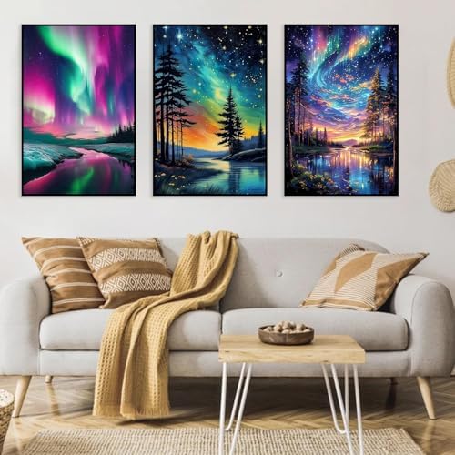 3 Pack Framed Paint by Numbers for Adult with Wooden Easel (8x12 inch) | Starry Sky Paint by Number on Canvas Oil Painting Kit with Brushes, Easy Adults' Paint-by-Number Kits for Home Wall Decor