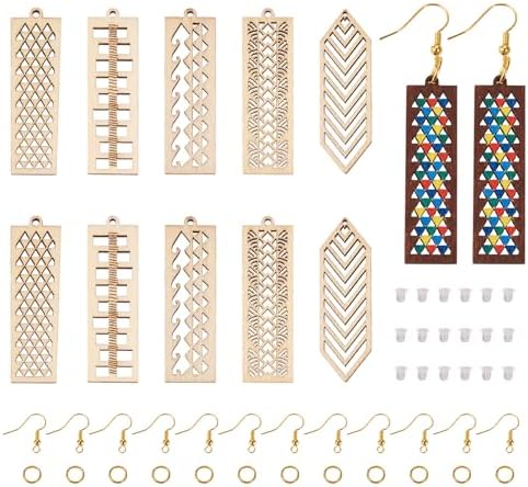 Elecrelive 30Pcs Rectangle Wooden Earring Charms Wood Filigree Charms