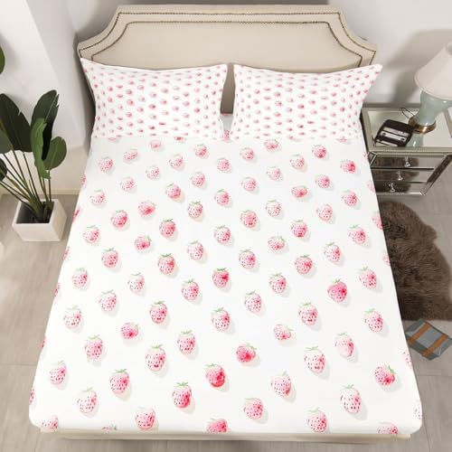 Manfei Cut Strawberry Sheet Set Pink Lovely Fruits Bedding Set Rustic Sweet Style Bed Sheets Teens Room Decor White (Queen Flat & Fitted Sheet with 2 Pillow Case)