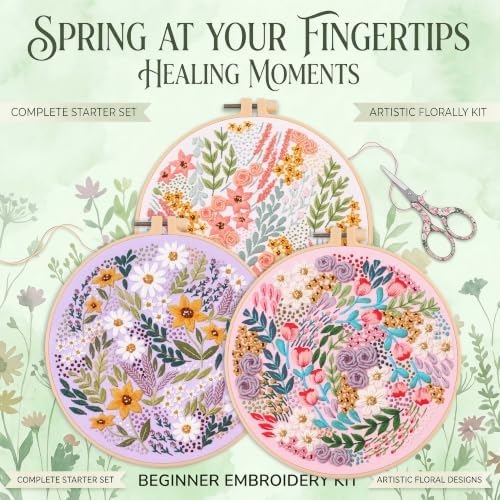 Harimau Beginner Adult Embroidery Kit, All-in-One Starter Pack with 3 Patterns, 3 Hoops, Scissors, Needles, Instruction Manual & Stitching Video Guides
