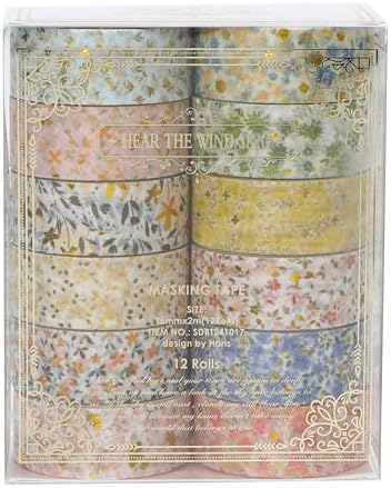 12 Rolls Charming Washi Tape Set Gold Silver Foil Detailing Arts Adhesive Tapes Basic Patterns Decorative Masking Tape Sets for Craft, Kids, Scrapbook, DIY, Gift Wrapping (Spring Bloom)