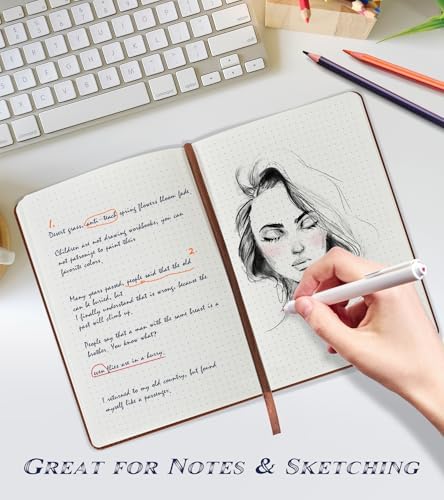 Biuwory Dotted Journal Notebook, 140 Dot Grid Pages, Medium 5.7"×8.3" | A5 Hardcover Vintage Leather Journal for Women Men, Dot Grid Paper Notebook for Work School Travel, Bullet Journaling Writing