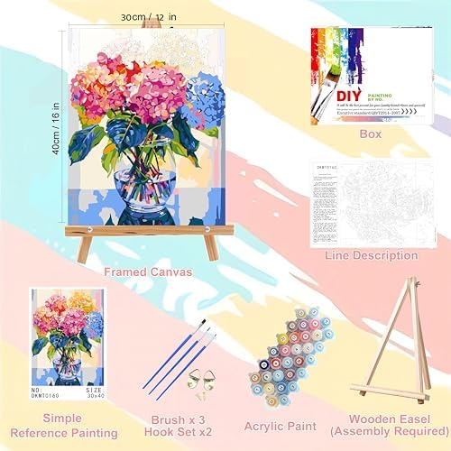 Hydrangea Paint by Numbers for Adults with Framed Canvas - Wooden Easel