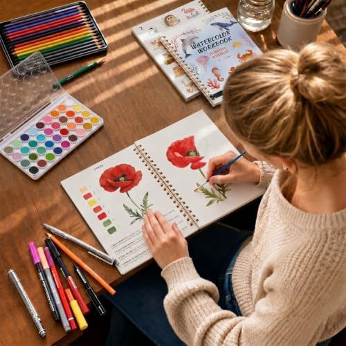 Landhoow 3 Pcs Watercolor Workbooks for Beginner with 36color Paint Brush