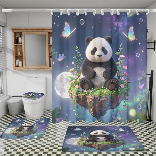 Kawaii Cartoon Animal Panda 4Pcs Shower Curtain Sets,Fairy Tale Forest Night Full Moon Bathroom Decor Set,Cute Panda Bears Butterflies Toilet Lid Rug, Bath Mat and Contour Mat