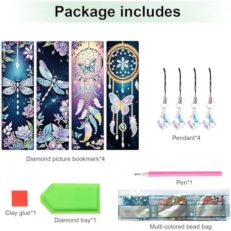 4 Pack Diamond Painting Bookmarks, 5D Dreamcatcher Butterfly Dragonfly Diamond Art Bookmark Kit with Tassels, DIY Beaded Rhinestone Book Mark Craft for Adults Beginners Reading Gift