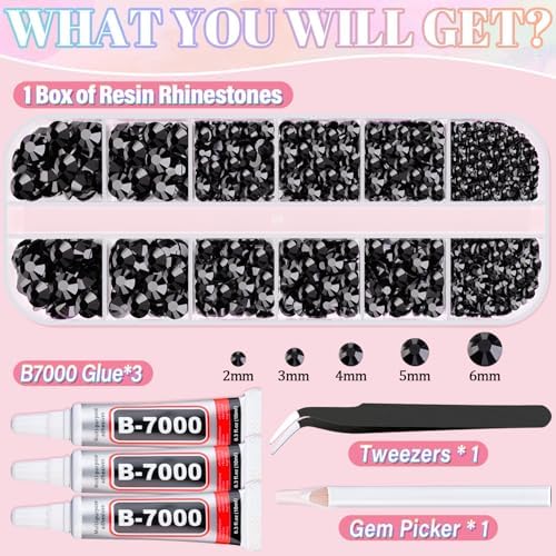 Resin Rhinestones for Crafting with 3Pcs 10ml B7000 Jewelry Glue, 1 Box Black Flatback Gems Crystals Diamond for Bedazzling Crafts DIY Nail Art Makeup, Gems for Clothing Tumblers Shoes