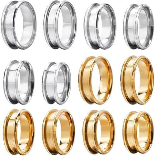 SUNNYCLUE 1 Box 12Pcs Stainless Steel Ring Blanks Settings US Size 7/8/9/10/11/12 Round Empty Inlay Grooved Finger Ring Base Blanks for Jewelry Making Kits Adult DIY Crafts