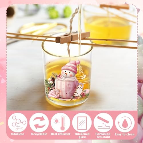 Ziliny 10 Pcs Pink Christmas Glass Candle Jars Empty Containers Bulk 7 oz Pink Elk Snowman Santa Claus Glass Jars with Cork Lids Tins for Candle Making Storing Biscuits Party Favors